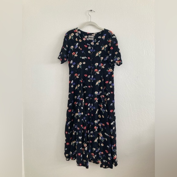 Vintage Dark Floral Maxi Shirt Dress Button Down Whimsical Bloomcore Tie Waist - Picture 1 of 12